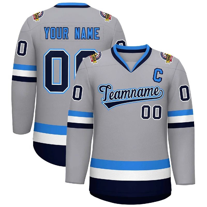 Custom Gray Navy White-Powder Blue Classic Style Hockey Jersey Monochromatic All