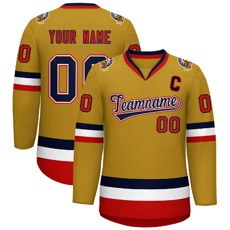 Custom Old Gold Navy White-Red Classic Style Hockey Jersey Vacation