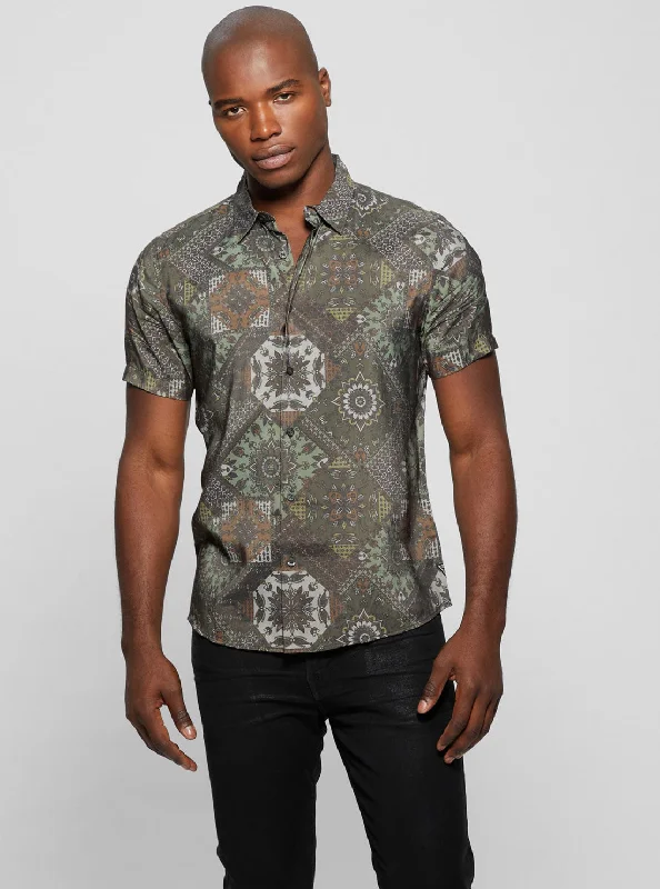 Eco Grey Sandwash Shashiko Print Shirt Casual Men's Loose