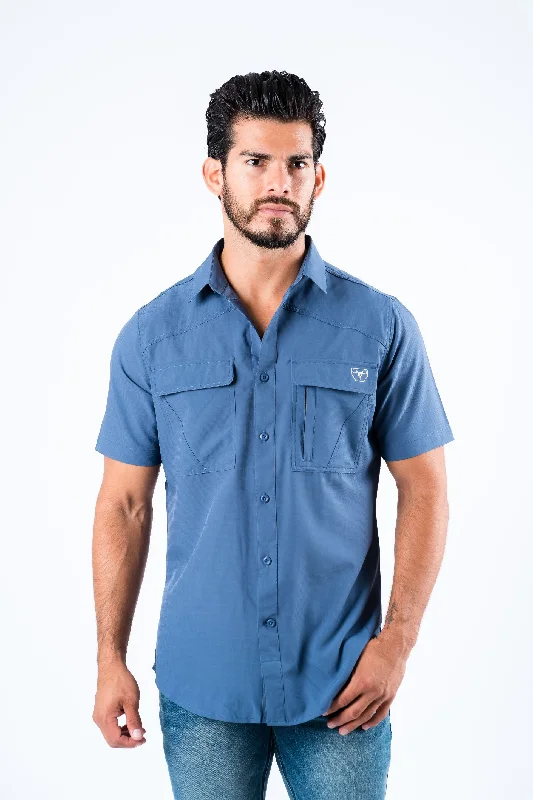 Men's Fishing Blue Short Sleeve Shirt Laid