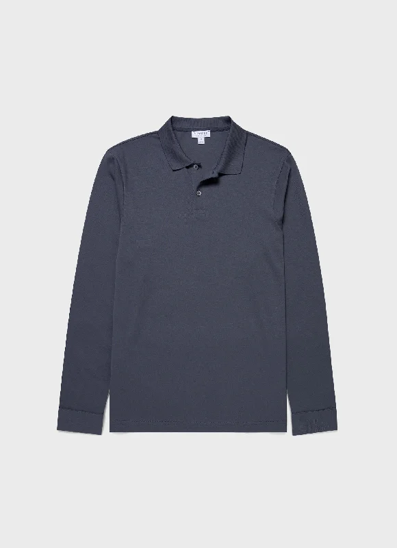 Men's Long Sleeve Piqué Polo Shirt in Slate Blue Polished Men's Satin