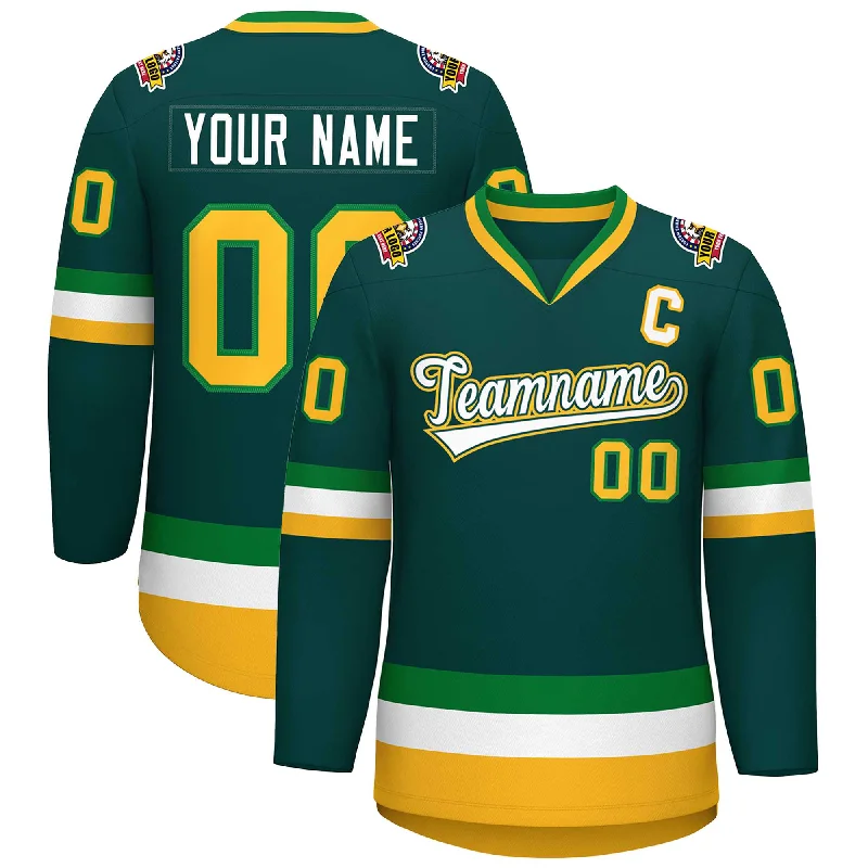 Custom Midnight Green White Kelly Green-Gold Classic Style Hockey Jersey Elegant Men's Cashmere