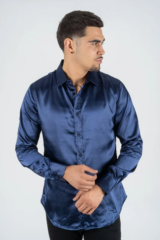 Men's Satin Navy Dress Shirt Unique Men's Upcycled