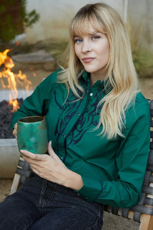 Ladies Cotton Green Embroidery Western Shirt Organic