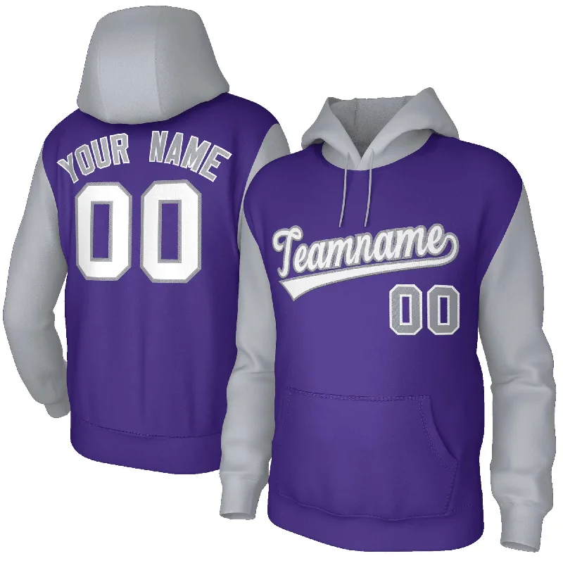 Custom Purple White-Gray Raglan Sleeves Stitched Sportwear Pullover Hoodie Elegant Men's Formal Custom Purple White-Gray Raglan Sleeves Stitched Sportwear Pullover Hoodie Elegant Men's Formal