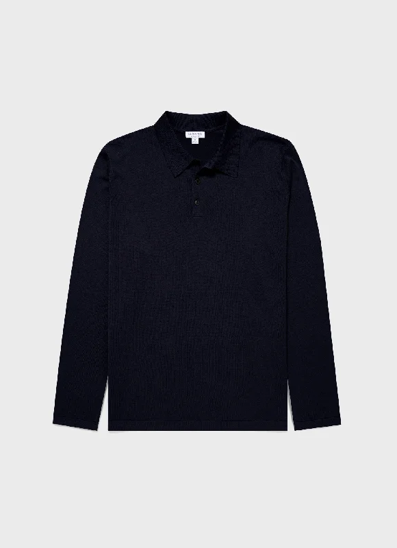 Men's Sea Island Cotton Long Sleeve Polo Shirt in Light Navy Gym