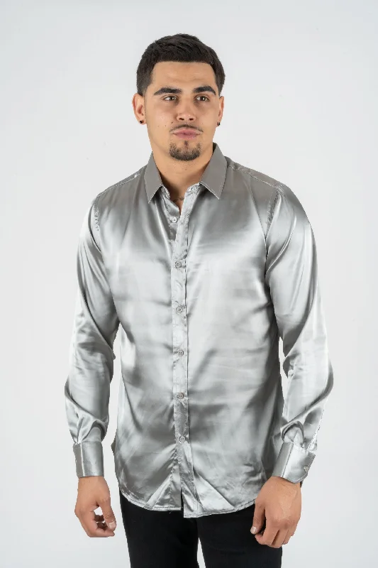 Men's Satin Silver Dress Shirt Modern Men's 