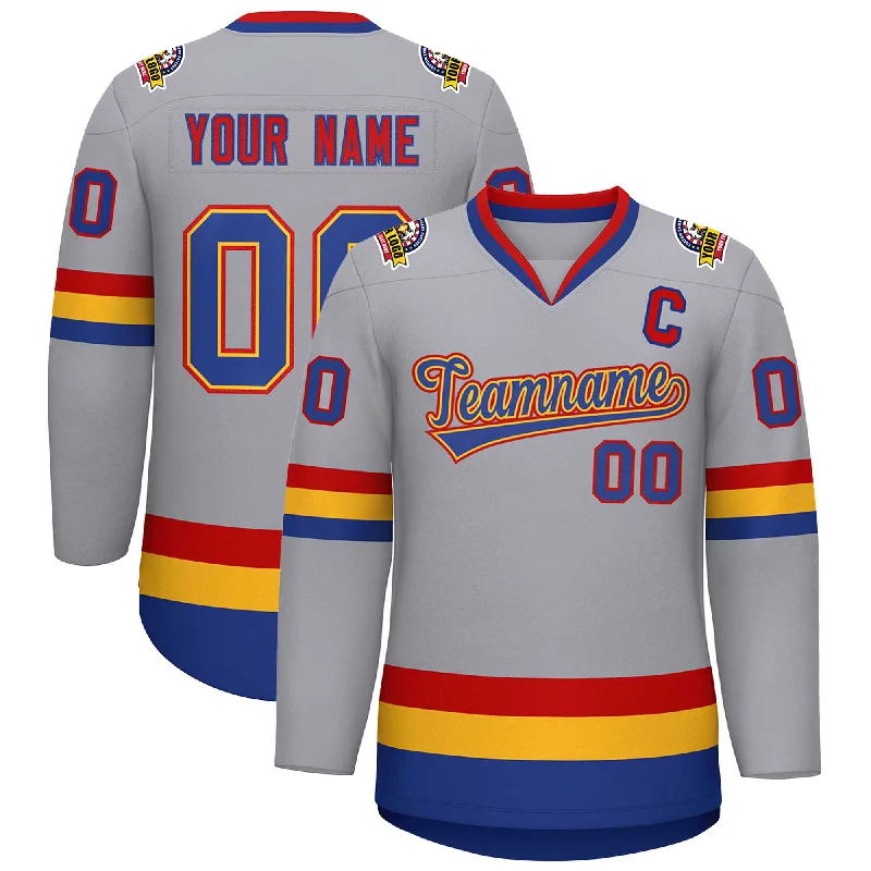 Custom Gray Royal Gold-Red Classic Style Hockey Jersey Masculine Men's Thick