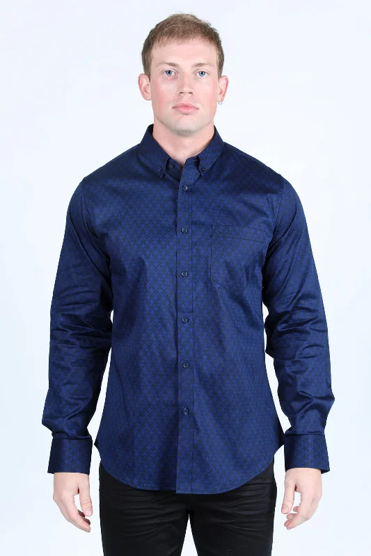 Mens Satin Cotton/Spandex Modern Fit Long Sleeve Shirt - Navy Cozy Men's Winter