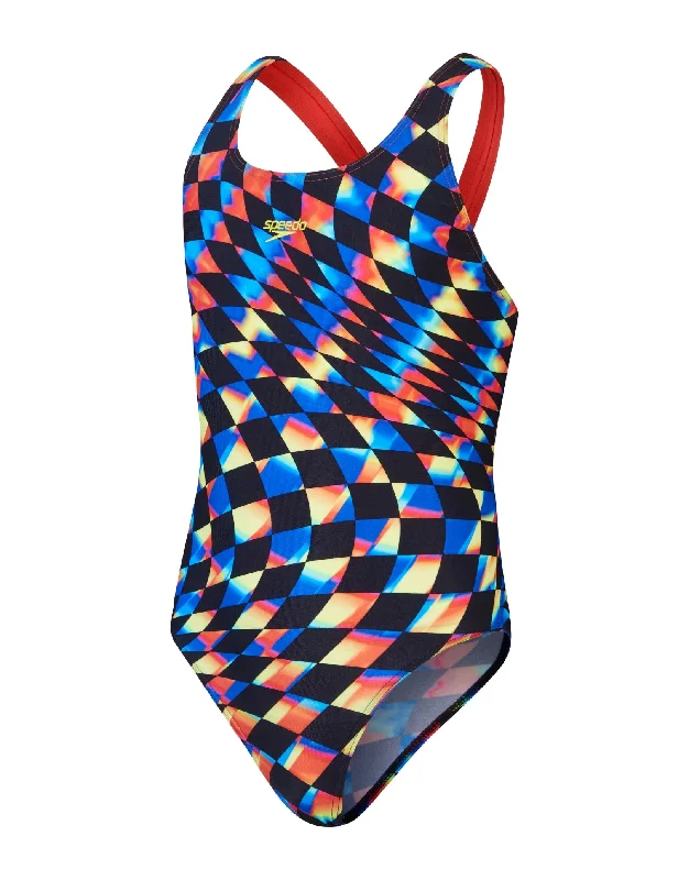 Girls Digital Allover Leaderback Swimsuit - Black/Red Vintage Men's 1970S Disco