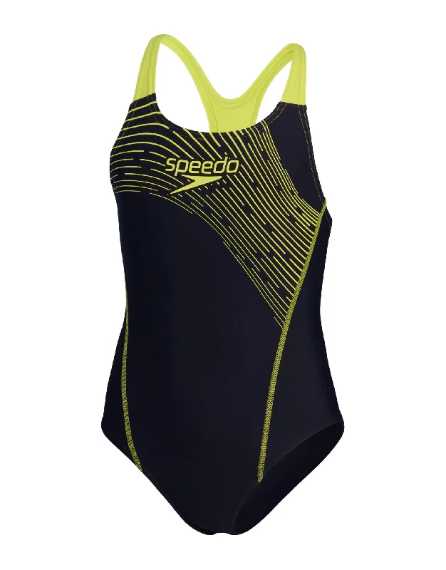 Girls Medley Logo Medalist Swimsuit - Navy/Yellow Organic