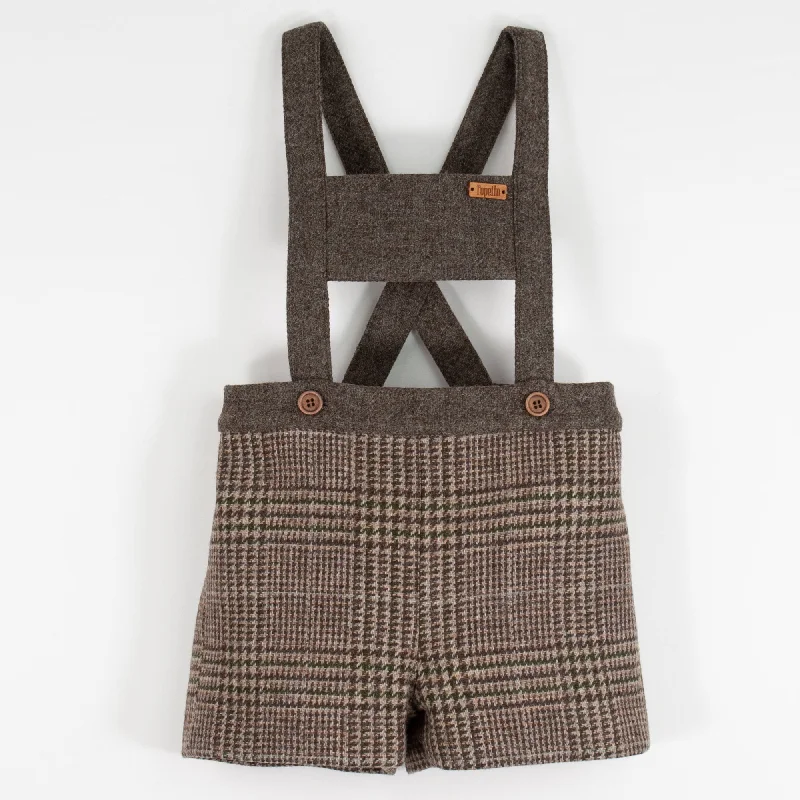 Popelin Brown Plaid Woollen Short Romper Suit Casual Men's Loose