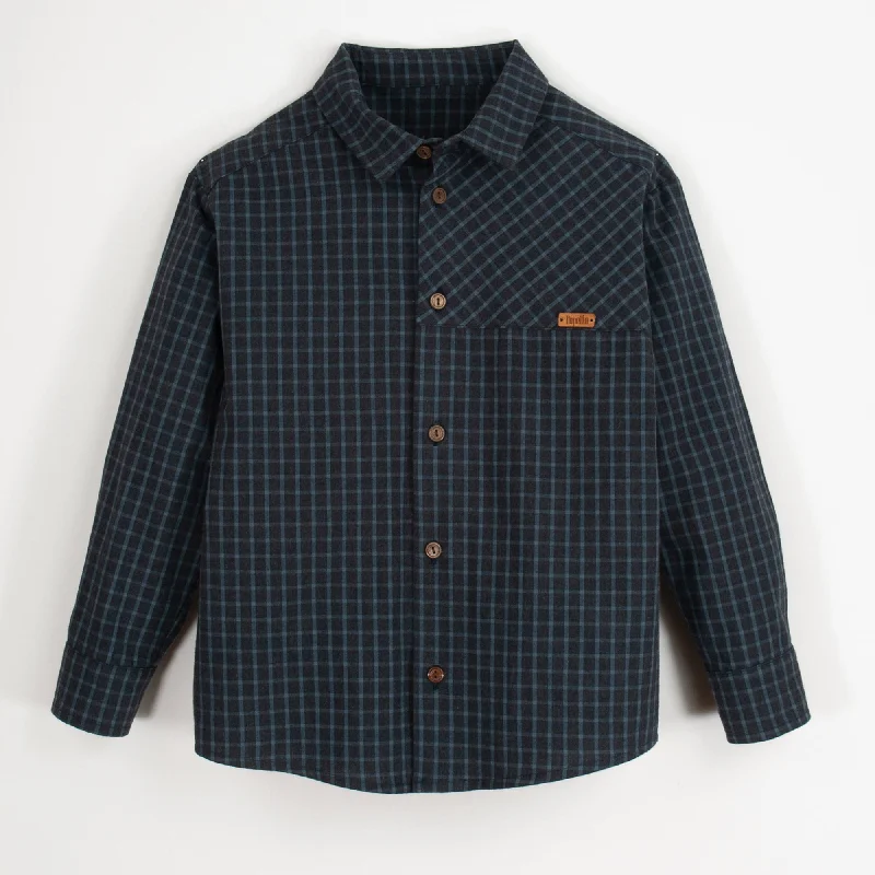 Popelin Blue Plaid Shirt With Collar Hip Men's Urban