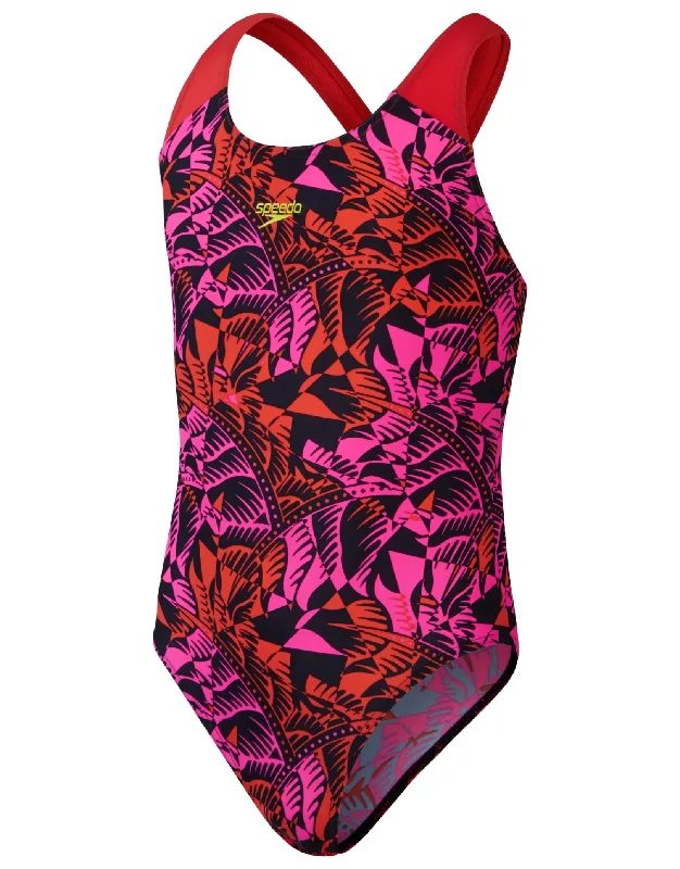 Girls Placement Allover Splashback Swimsuit- Black/Pink Modern Men's Tech