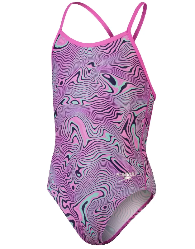 Girls Allover Digital V Back Swimsuit- Pink/Green Trendy Men's Scandinavian