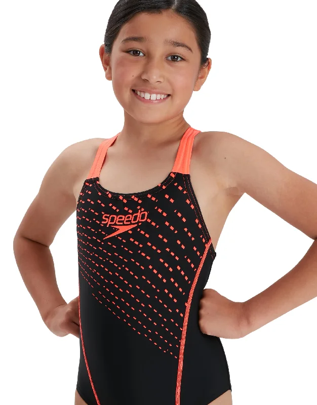 Girls Medley Logo Medalist Swimsuit - Black/Siren Red Refined Men's Hand