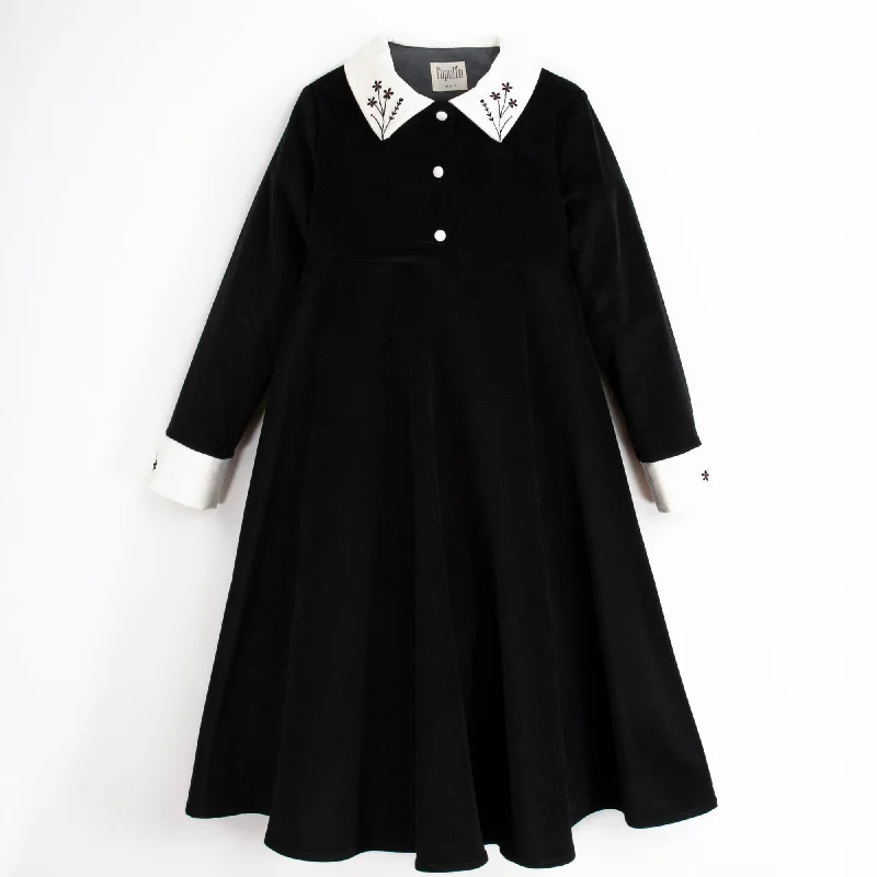 Popelin Black Velvet Dress Withcape-Style Skirt And Embroidered Collar Monochromatic Office Style