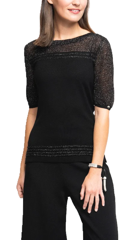 Bella Short Sleeved Top with See-Through Detail on Shoulders and Sleeves; Black/ Black Shimmer Tough Men's Tactical